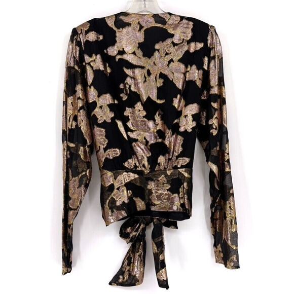 Ramy Brook Womens 8 Metallic Floral Print Long Sleeve V Neck Wrap Top Black Gold - Picture 10 of 10